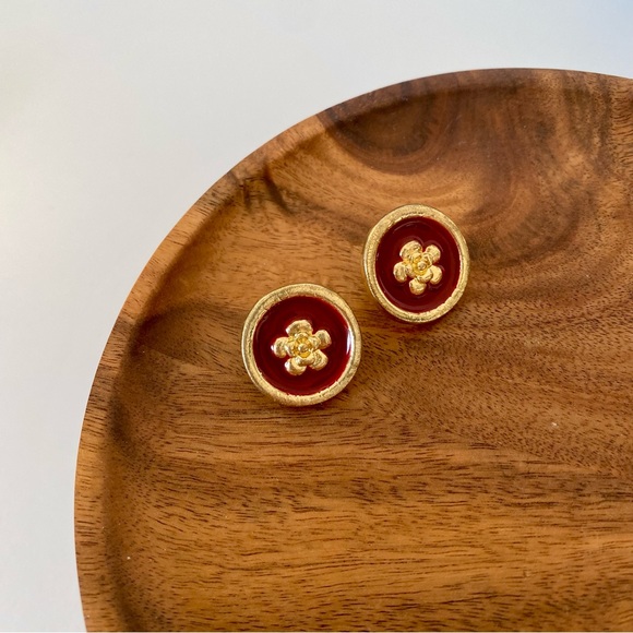 Jewelry - 4/$15 Vintage Vibe Burgundy Rouge Red Enameled Gold Camellia Earring Studs